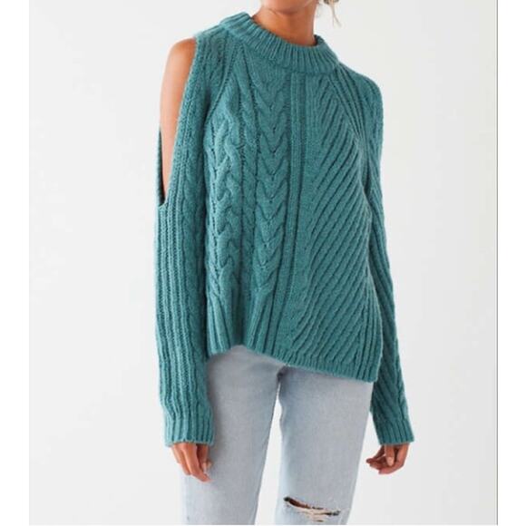 Urban Outfitters NWT Teal Cold Shoulder Cable Knit Sweater L - Picture 1 of 10